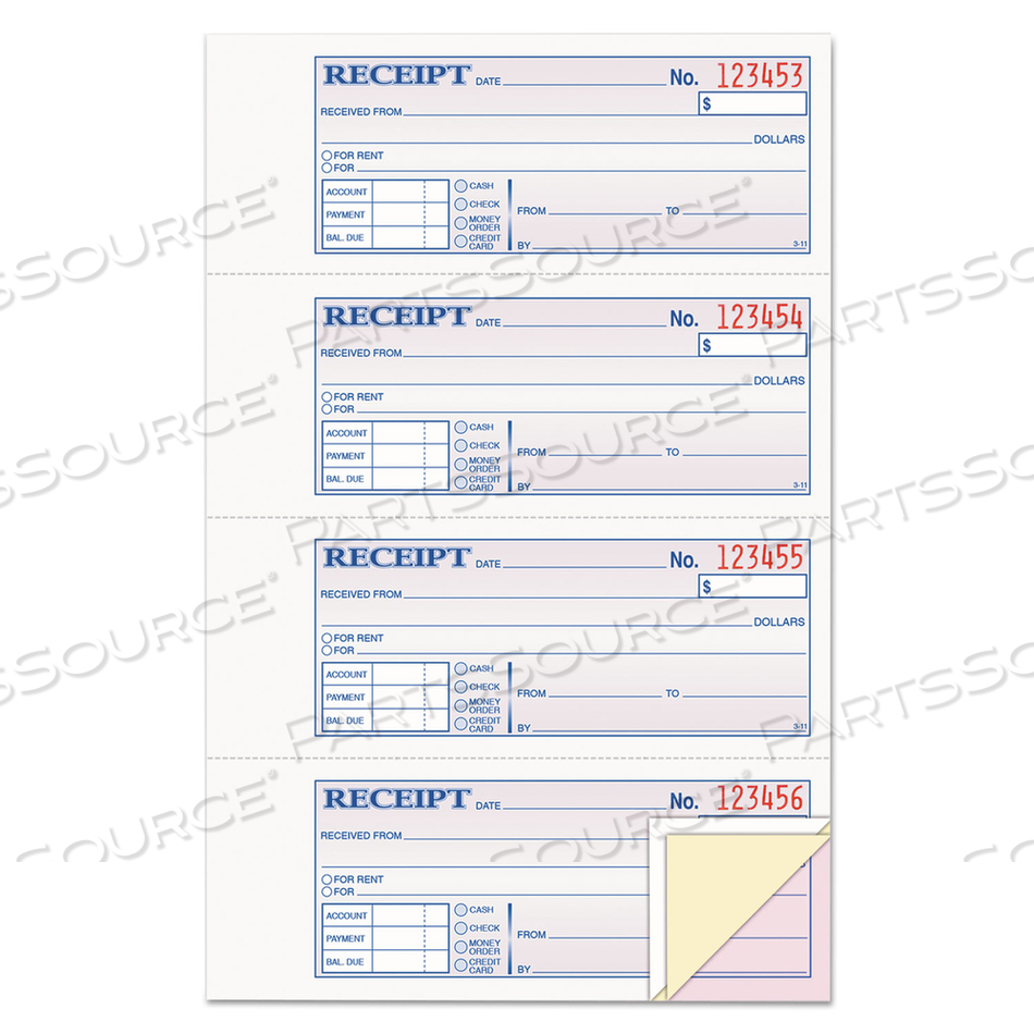 RECEIPT BOOK, THREE-PART CARBONLESS, 7.19 X 2.75, 4 FORMS/SHEET, 100 FORMS TOTAL by Adams RECEIPT BOOK, THREE-PART CARBONLESS, 7.19 X 2.75, 4 FORMS/SHEET, 100 FORMS TOTAL by Adams