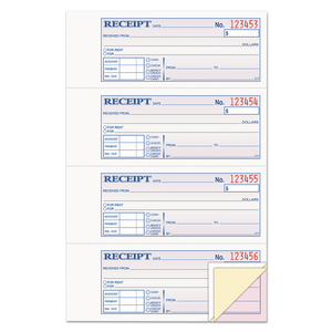 RECEIPT BOOK, THREE-PART CARBONLESS, 7.19 X 2.75, 4 FORMS/SHEET, 100 FORMS TOTAL by Adams
