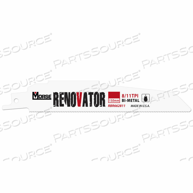 RENOVATOR RECIPROCATING SAW BLADES BI-METAL 6"L X 1"W, 8/11 TPI, 20 PK 