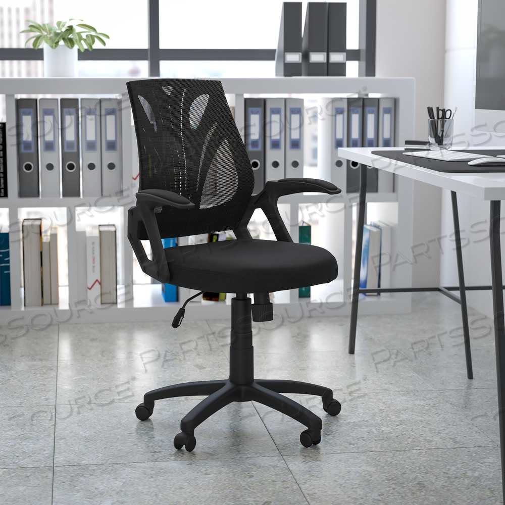 SAM MID-BACK DESIGNER BLACK MESH SWIVEL TASK OFFICE CHAIR WITH OPEN ARMS by Flash Furniture SAM MID-BACK DESIGNER BLACK MESH SWIVEL TASK OFFICE CHAIR WITH OPEN ARMS by Flash Furniture