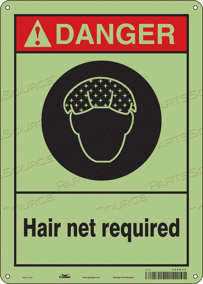 SAFETY SIGN, VERTICAL RECTANGLE, NUMBER OF PRINTED SIDES 1, ENGLISH, SIGN FORMAT ANSI/OSHA FORMAT, SIGN LEGEND HAIR NET REQUIRED, SIGN LEGEN by Condor