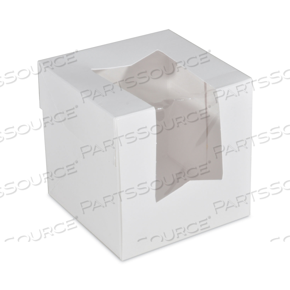 WHITE WINDOW BAKERY BOXES WITH ATTACHED FLIP TOP, 4-CORNER BEERS DESIGN, 4.5 X 4.5 X 4.5, WHITE, PAPER, 200/CARTON 