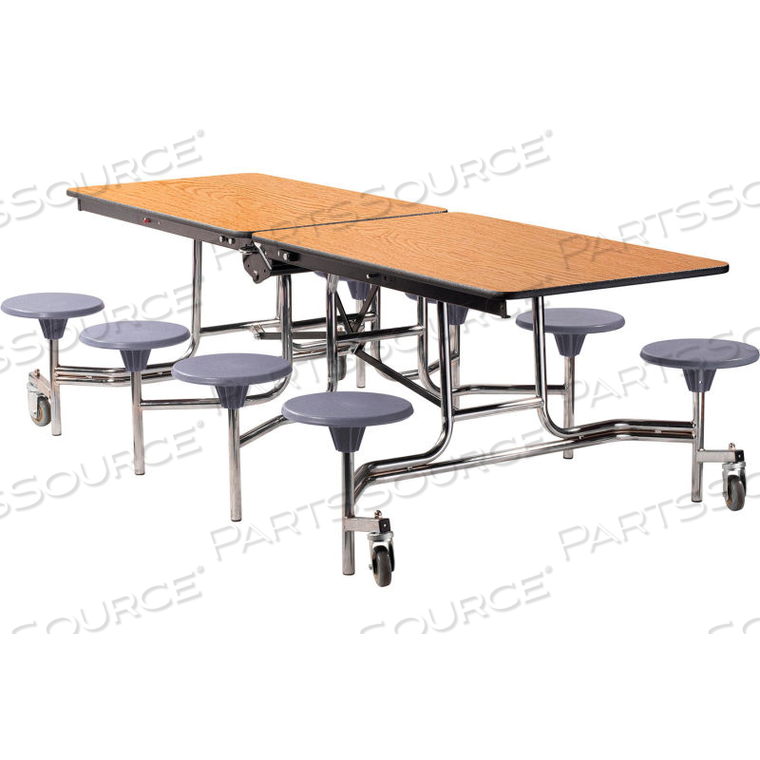 8' MOBILE CAFETERIA TABLE WITH STOOLS - MDF - OAK TOP/GRAY STOOLS/CHROME FRAME 