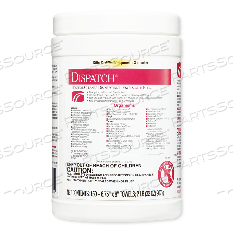 DISPATCH CLEANER DISINFECTANT TOWELS, 6.75 X 8, UNSCENTED, 150/CANISTER by Clorox