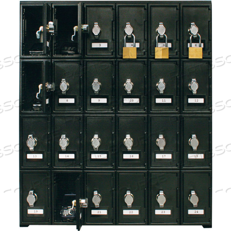 24 DOOR CELL PHONE LOCKER WITH HASP LOCKS, 22"WX16"DX26"H, BLACK, ASSEMBLED by United Visual Products 24 DOOR CELL PHONE LOCKER WITH HASP LOCKS, 22"WX16"DX26"H, BLACK, ASSEMBLED by United Visual Products