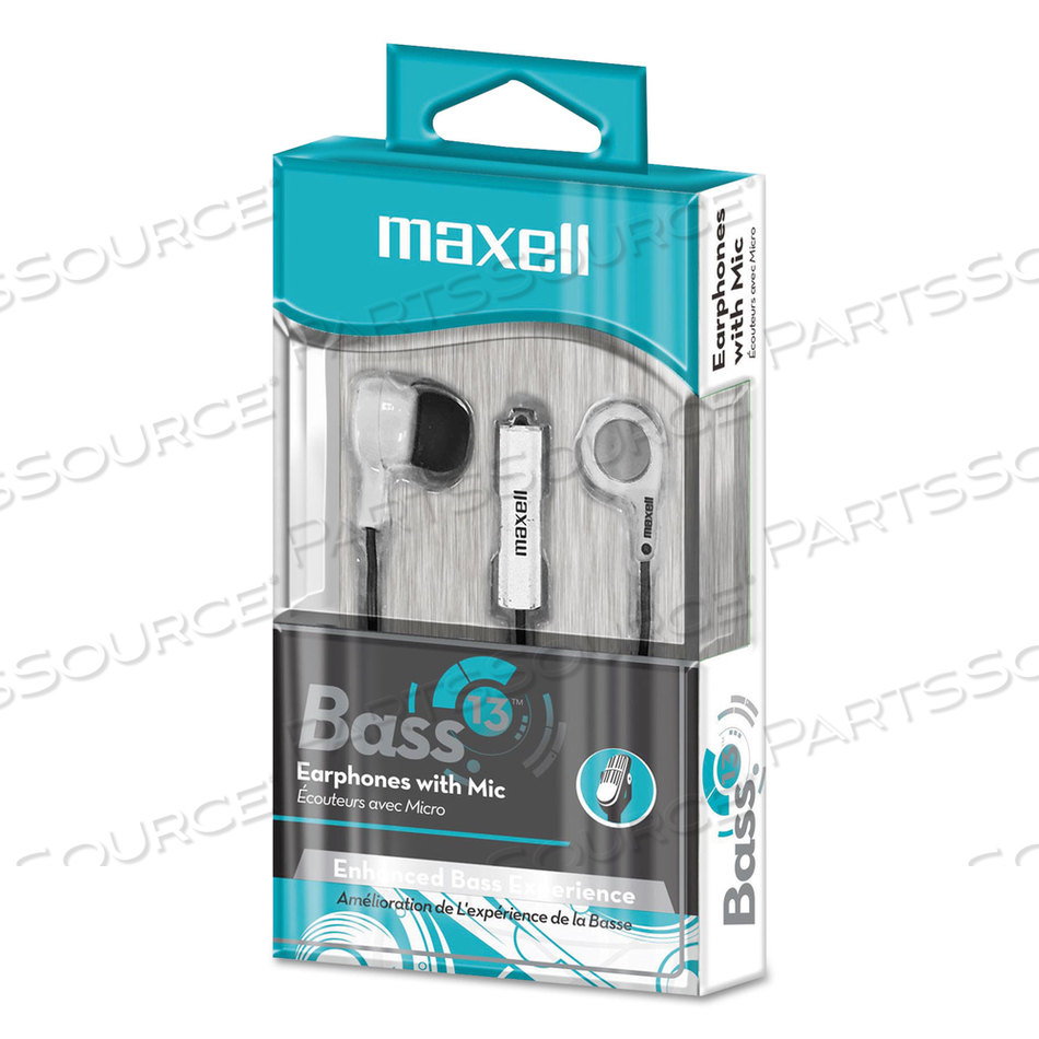 B-13 BASS EARBUDS WITH MICROPHONE, 52" CORD, WHITE by Maxell