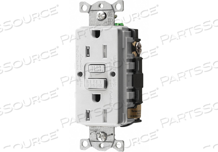 GFCI RECEPTACLE, 15A, 5-15R, 2P, 3W, 125VAC, WHITE by Hubbell Incorporated, Wiring Device-Kellums GFCI RECEPTACLE, 15A, 5-15R, 2P, 3W, 125VAC, WHITE by Hubbell Incorporated, Wiring Device-Kellums