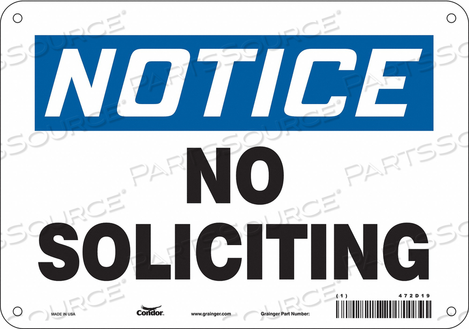 SAFETY SIGN, VERTICAL RECTANGLE, NUMBER OF PRINTED SIDES 1, ENGLISH, SIGN LEGEND NO SOLICITING, SIGN LEGEND BACKGROUND COLOR WHITE, SIGN LEG by Condor