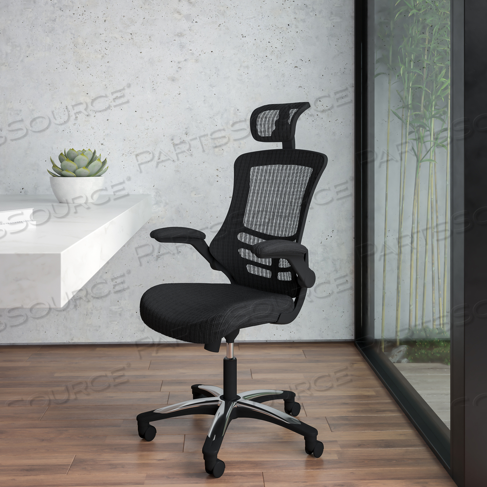 KELISTA HIGH-BACK BLACK MESH SWIVEL ERGONOMIC EXECUTIVE OFFICE CHAIR WITH FLIP-UP ARMS AND ADJUSTABLE HEADREST by Flash Furniture KELISTA HIGH-BACK BLACK MESH SWIVEL ERGONOMIC EXECUTIVE OFFICE CHAIR WITH FLIP-UP ARMS AND ADJUSTABLE HEADREST by Flash Furniture