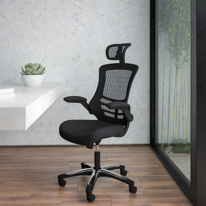 KELISTA HIGH-BACK BLACK MESH SWIVEL ERGONOMIC EXECUTIVE OFFICE CHAIR WITH FLIP-UP ARMS AND ADJUSTABLE HEADREST by Flash Furniture