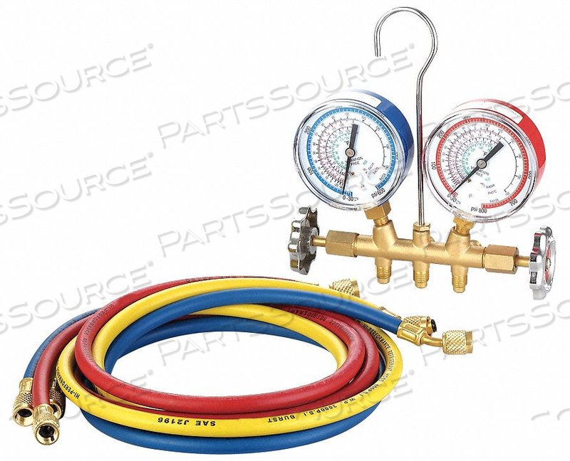 MECHANICAL MANIFOLD GAUGE SET, NUMBER OF VALVES 2, R-22, R-404A, R-407C, R-410A, NUMBER OF HOSES 3, 72 IN, 30 IN HG TO 800 PSI, 30 IN HG TO  by DAYTON ELECTRIC MANUFACTURING CO
