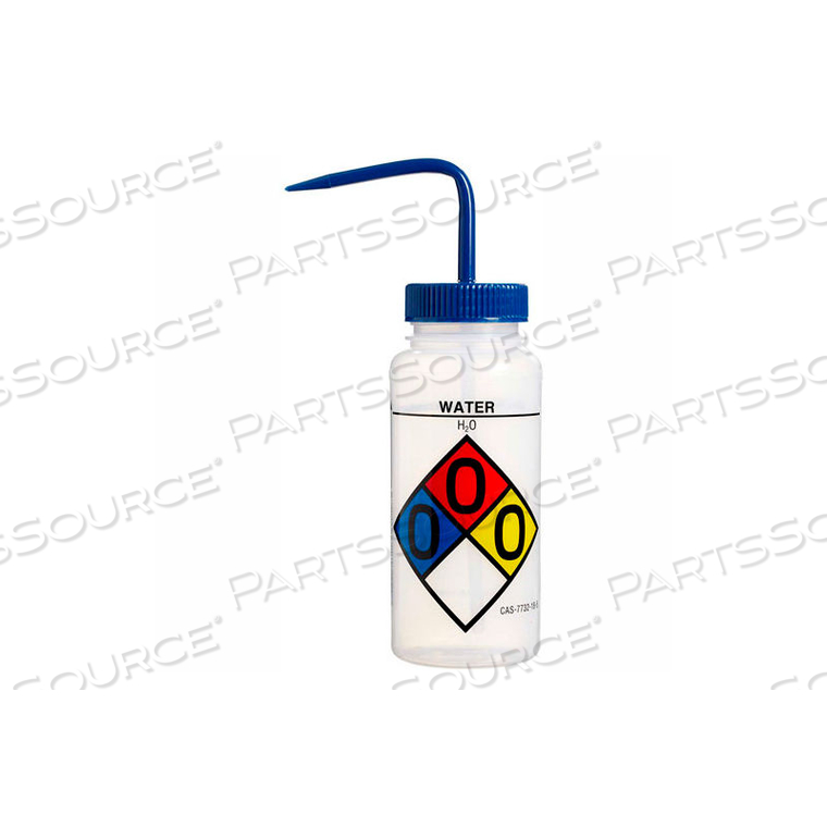 LDPE WASH BOTTLES 117160017, 500ML, WATER LABEL, BLUE CAP, WIDE MOUTH, 4/PK by Bel-Art Products