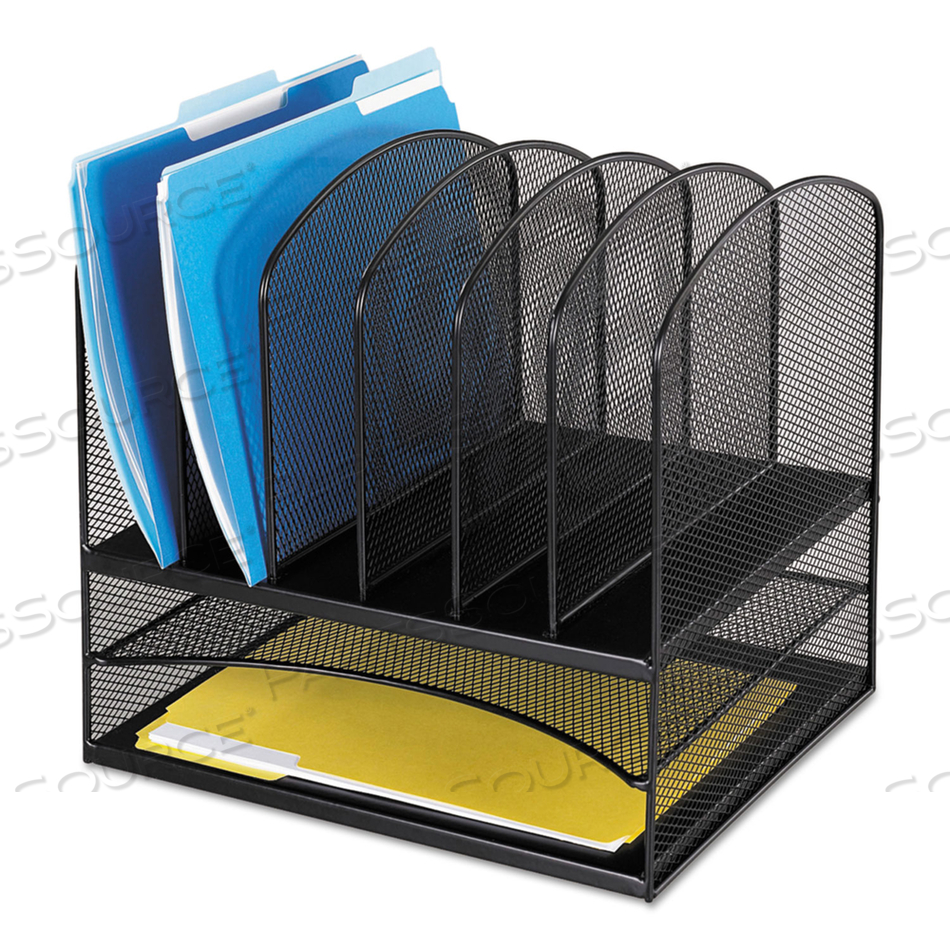 ONYX MESH DESK ORGANIZER WITH TWO HORIZONTAL AND SIX UPRIGHT SECTIONS, LETTER SIZE FILES, 13.25" X 11.5" X 13", BLACK by Safco