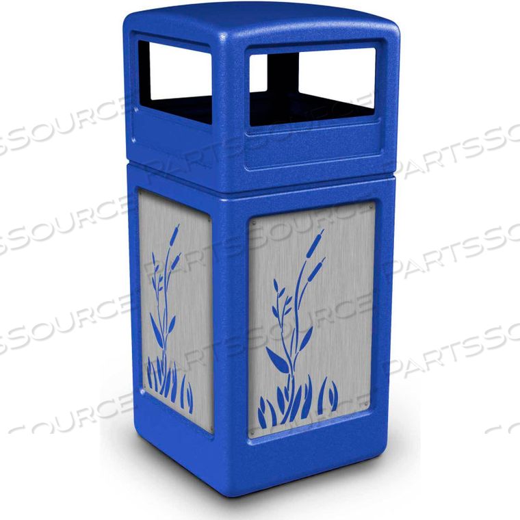 42 GALLON DOME-LID SQUARE WASTE CONTAINER, BLUE W/STAINLESS STEEL CATTAILS PANELS 