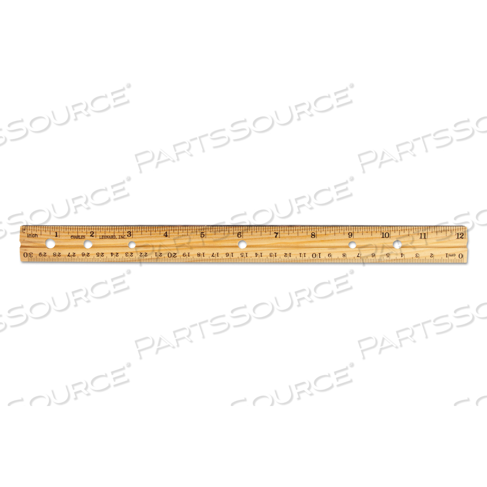 BEVELED WOOD RULER W/SINGLE METAL EDGE, 3-HOLE PUNCHED, STANDARD/METRIC, 12" LONG, NATURAL, 36/BOX 