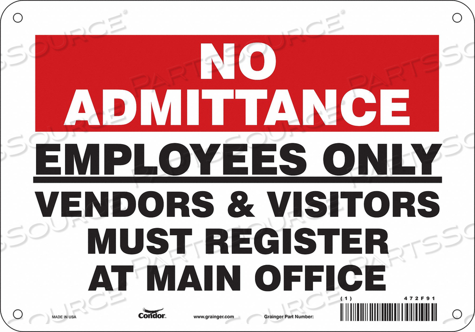 SAFETY SIGN, VERTICAL RECTANGLE, NUMBER OF PRINTED SIDES 1, ENGLISH, SIGN FORMAT OTHER FORMAT, SIGN LEGEND EMPLOYEES ONLY VENDORS & VISITORS by Condor SAFETY SIGN, VERTICAL RECTANGLE, NUMBER OF PRINTED SIDES 1, ENGLISH, SIGN FORMAT OTHER FORMAT, SIGN LEGEND EMPLOYEES ONLY VENDORS & VISITORS by Condor