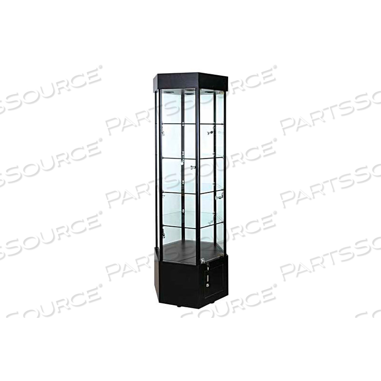 LIGHTED GLASS TOWER SHOWCASE-HEXAGON - FULLY ASSEMBLED - 25"W X 22"D X 73"H - BLACK by Amko Displays LLC