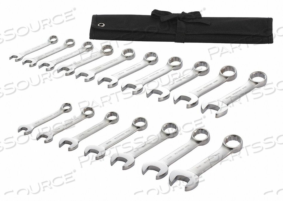 COMBINATION WRENCH SET, ALLOY STEEL, SATIN, NUMBER OF TOOLS 17, RANGE OF HEAD SIZES 10 MM TO 19 MM, 3/8 IN TO 3/4 IN, HEAD OFFSET ANGLE 15 D by Westward