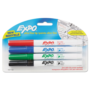 LOW-ODOR DRY-ERASE MARKER, EXTRA-FINE NEEDLE TIP, ASSORTED COLORS, 4/PACK by Expo