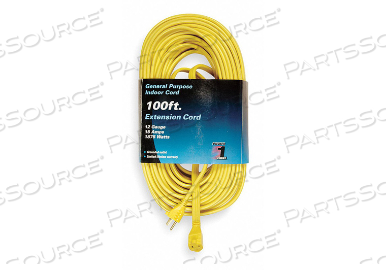 EXTENSION CORD, LOCATION INDOOR, CORD LENGTH 100 FT, WIRE SIZE 12 AWG, MAX. AMPS 15 A, VOLTAGE 125V AC, PLUG CONFIGURATION NEMA 5-15P, RECEP by Power First EXTENSION CORD, LOCATION INDOOR, CORD LENGTH 100 FT, WIRE SIZE 12 AWG, MAX. AMPS 15 A, VOLTAGE 125V AC, PLUG CONFIGURATION NEMA 5-15P, RECEP by Power First