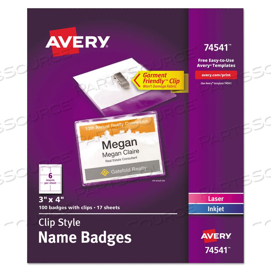 CLIP STYLE NAME BADGES, 3" X 4", CLEAR, 100/BOX by Avery
