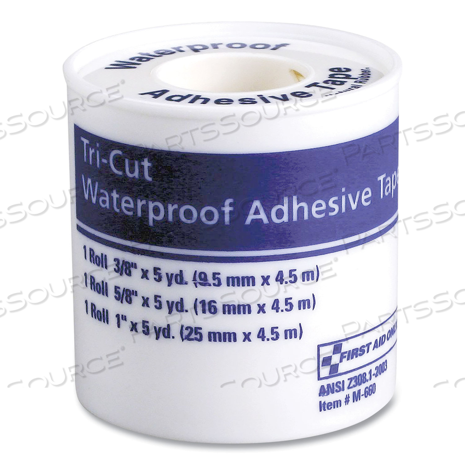 TRI-CUT WATERPROOF-ADHESIVE MEDICAL TAPE WITH DISPENSER, TRI-CUT WIDTH (0.38", 0.63", 1"), 5 YDS LONG 
