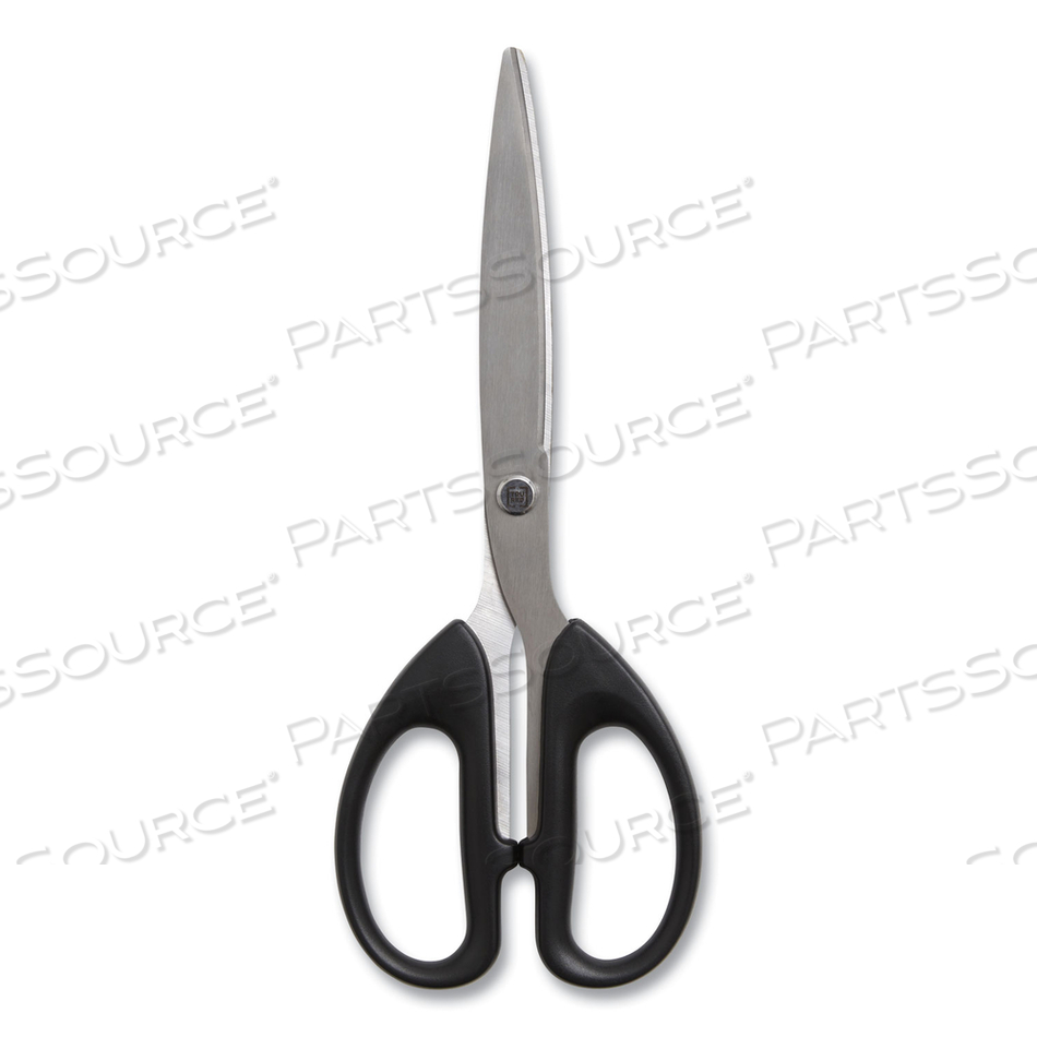 AMBIDEXTROUS STAINLESS STEEL SCISSORS, 7" LONG, 3.23" CUT LENGTH, BLACK STRAIGHT SYMMETRICAL HANDLE 