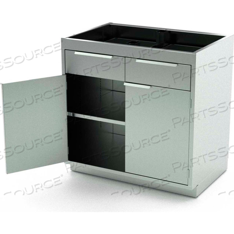 STAINLESS STEEL BASE CABINET, 2 HINGED DOORS, 1 SHELF, 2 DRAWERS, 42"W X 21"D X 36"H 