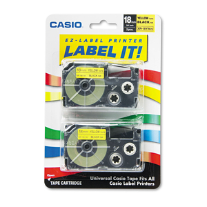 TAPE CASSETTES FOR KL LABEL MAKERS, 0.75" X 26 FT, BLACK ON YELLOW, 2/PACK by Casio