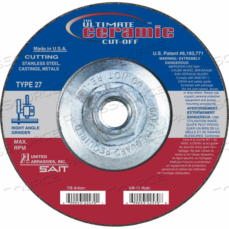 DEPRESSED CENTER WHEEL T27 4-1/2"X .045" X 5/8-11" CERAMIC ALUM. by United Abrasives-Sait DEPRESSED CENTER WHEEL T27 4-1/2"X .045" X 5/8-11" CERAMIC ALUM. by United Abrasives-Sait