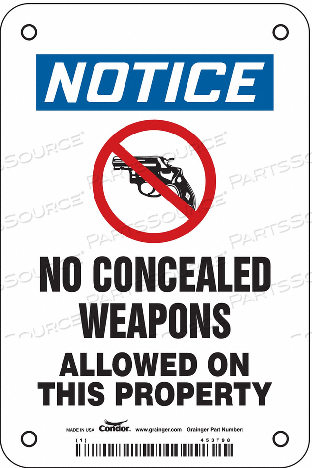 NO CONCEALED WEAPONS SIGN 4 W 6 H 