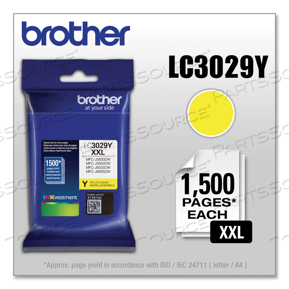 LC3029Y INKVESTMENT SUPER HIGH-YIELD INK, 1,500 PAGE-YIELD, YELLOW by Brother LC3029Y INKVESTMENT SUPER HIGH-YIELD INK, 1,500 PAGE-YIELD, YELLOW by Brother