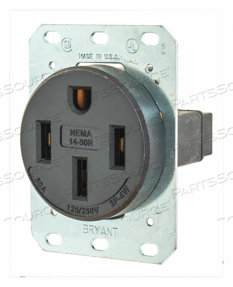 RECEPTACLE, SINGLE, 14-50R, 125/250V AC, 50 A, BLACK, 3 POLE / 4 WIRE by Hubbell Power Systems RECEPTACLE, SINGLE, 14-50R, 125/250V AC, 50 A, BLACK, 3 POLE / 4 WIRE by Hubbell Power Systems