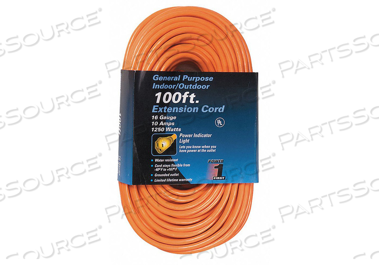 LIGHTED EXTENSION CORD, LOCATION OUTDOOR, CORD LENGTH 100 FT, WIRE SIZE 16 AWG, MAX. AMPS 10 A, VOLTAGE 125V AC, PLUG CONFIGURATION NEMA 5-1 by Power First LIGHTED EXTENSION CORD, LOCATION OUTDOOR, CORD LENGTH 100 FT, WIRE SIZE 16 AWG, MAX. AMPS 10 A, VOLTAGE 125V AC, PLUG CONFIGURATION NEMA 5-1 by Power First
