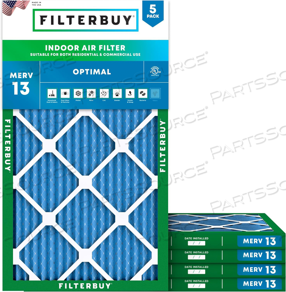 FILTERBUY 10X22X1 AIR FILTER MERV 13 OPTIMAL DEFENSE (5-PACK), PLEATED HVAC AC FURNACE AIR FILTERS REPLACEMENT (ACTUAL SIZE: 10.00 X 22.00 X 1.00 INCHES) 