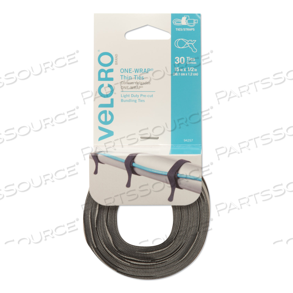 ONE-WRAP PRE-CUT THIN TIES, 0.5" X 15", BLACK/GRAY by Velcro