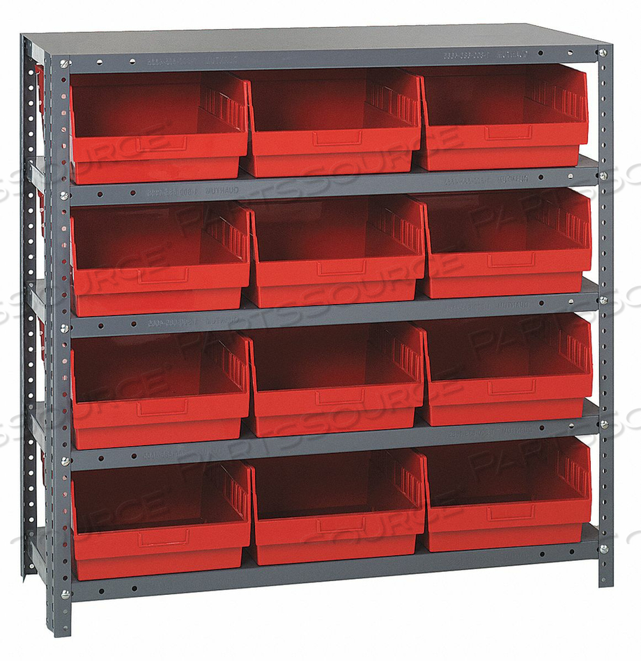 1239-209 STEEL SHELVING WITH 12 6"H SHELF BINS RED, 36X12X39-5 SHELVES by Quantum Storage Systems