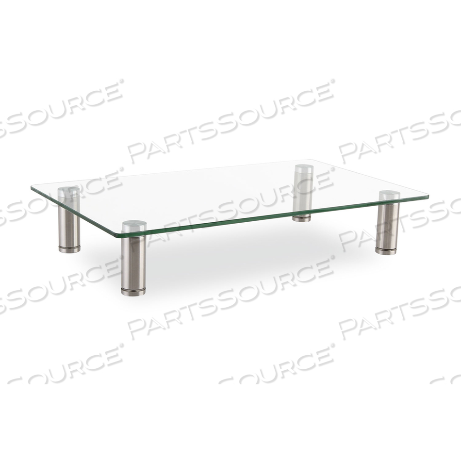 ADJUSTABLE TEMPERED GLASS MONITOR RISER, 15.75" X 9.5" X 3" TO 3.5", CLEAR/SILVER, SUPPORTS 44 LBS 