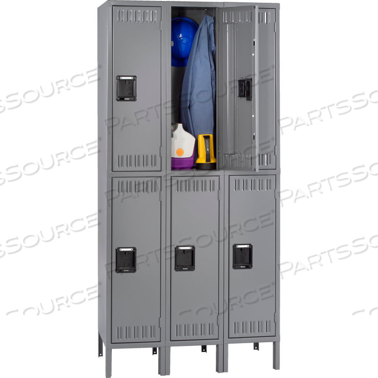 DOUBLE TIER 6 DOOR STEEL LOCKER W/LEGS, RECESSED HANDLE, 12"WX15"DX36"H, GRAY, ASSEMBLED by Tennsco Corp.