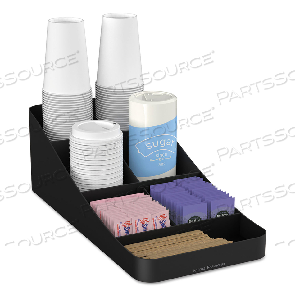 TROVE SEVEN-COMPARTMENT COFFEE CONDIMENT ORGANIZER, 7.75 X 16 X 5.25, BLACK by Mind Reader TROVE SEVEN-COMPARTMENT COFFEE CONDIMENT ORGANIZER, 7.75 X 16 X 5.25, BLACK by Mind Reader