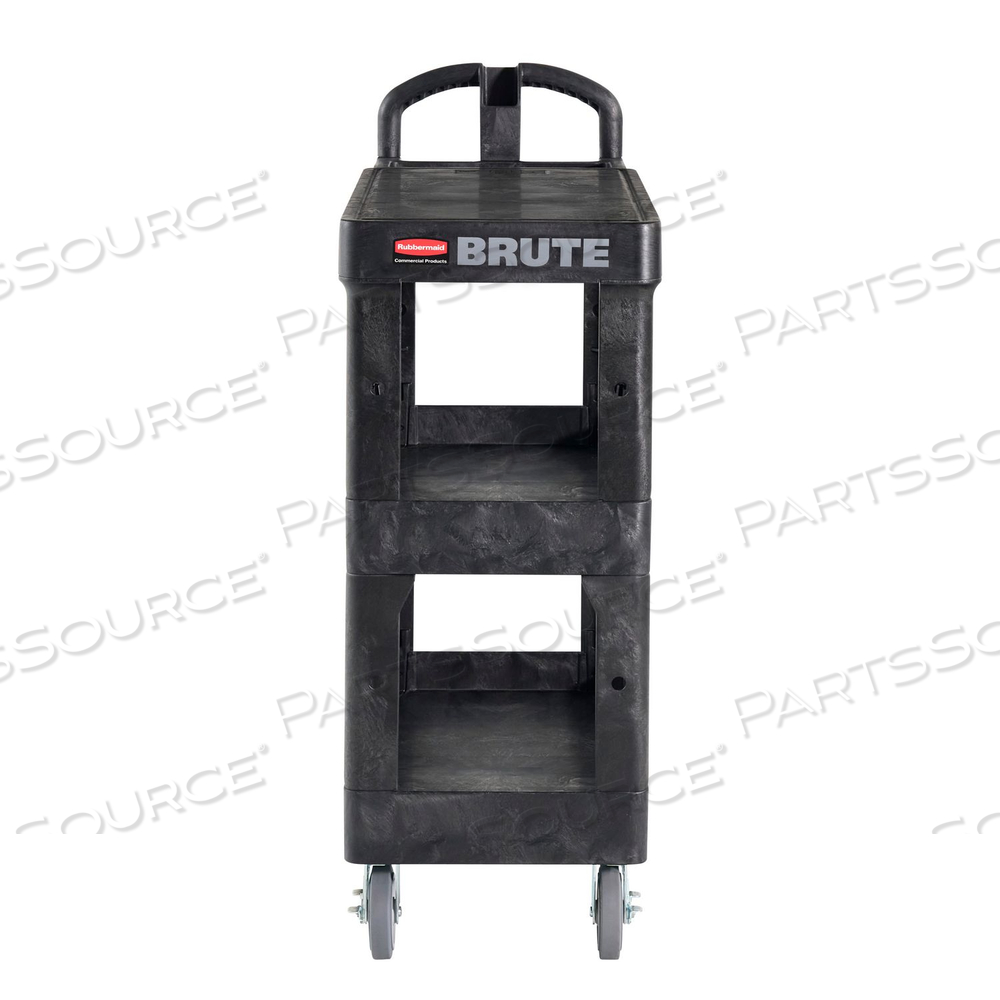 BRUTE 3-SHELF HEAVY-DUTY ERGO FLAT UTILITY CART, RESIN, 3 SHELVES, 600 LB CAPACITY, 25.24" X 48.63" X 46.18", BLACK by Rubbermaid Medical Division BRUTE 3-SHELF HEAVY-DUTY ERGO FLAT UTILITY CART, RESIN, 3 SHELVES, 600 LB CAPACITY, 25.24" X 48.63" X 46.18", BLACK by Rubbermaid Medical Division