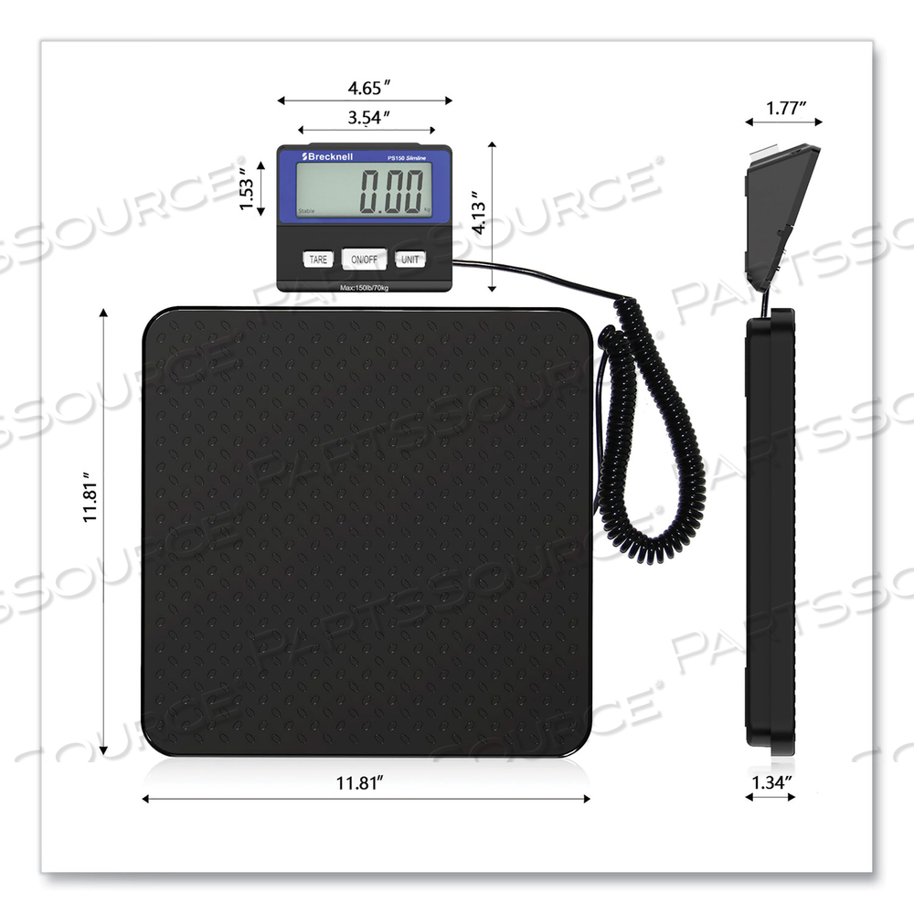 PS150 SLIMLINE PORTABLE BENCH SCALE, 150 LBS/70 KG CAPACITY, 11.8 X 11.8 X 1.34 PLATFORM, BLACK by Brecknell PS150 SLIMLINE PORTABLE BENCH SCALE, 150 LBS/70 KG CAPACITY, 11.8 X 11.8 X 1.34 PLATFORM, BLACK by Brecknell