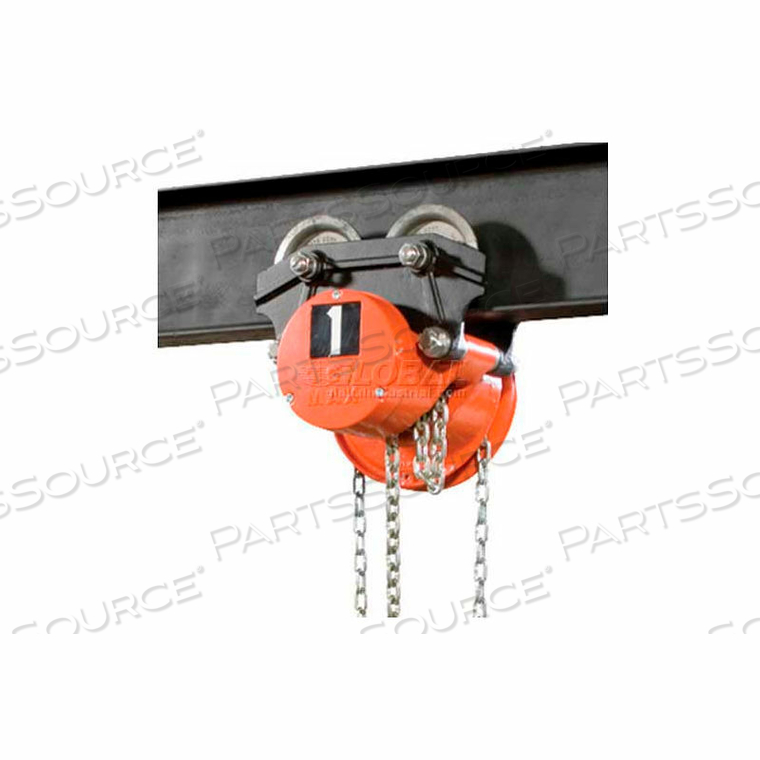 CYCLONE HAND CHAIN HOIST ON LOW HEADROOM GEARED TROLLEY, 6 TON, 20 FT. LIFT 