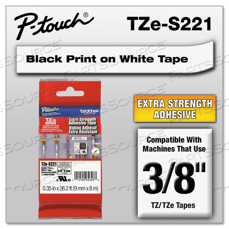 TZE EXTRA-STRENGTH ADHESIVE LAMINATED LABELING TAPE, 0.35" X 26.2 FT, BLACK ON WHITE by Brother TZE EXTRA-STRENGTH ADHESIVE LAMINATED LABELING TAPE, 0.35" X 26.2 FT, BLACK ON WHITE by Brother