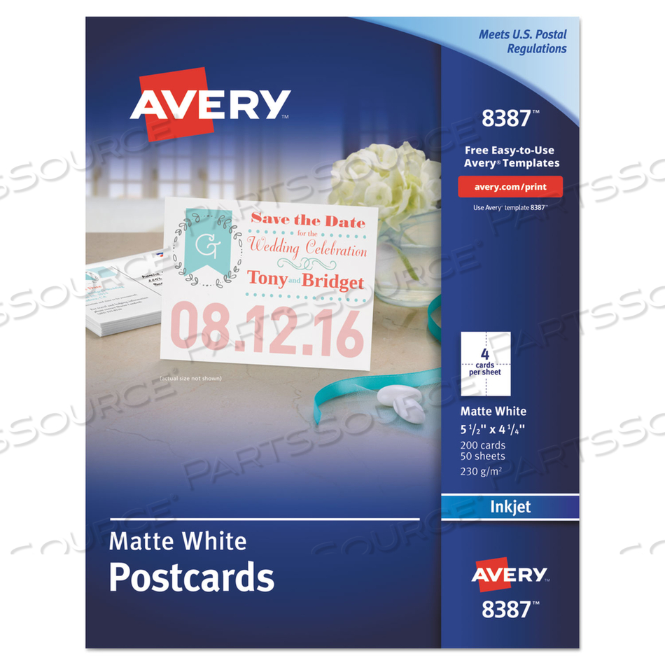 POSTCARDS FOR INKJET PRINTERS, 4 1/4 X 5 1/2, MATTE WHITE, 4/SHEET by Avery POSTCARDS FOR INKJET PRINTERS, 4 1/4 X 5 1/2, MATTE WHITE, 4/SHEET by Avery