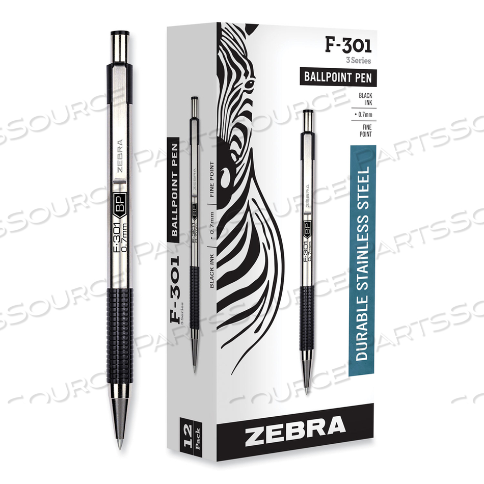 F-301 BALLPOINT PEN, RETRACTABLE, FINE 0.7 MM, BLACK INK, STAINLESS STEEL/BLACK BARREL by Zebra Pen Corporation