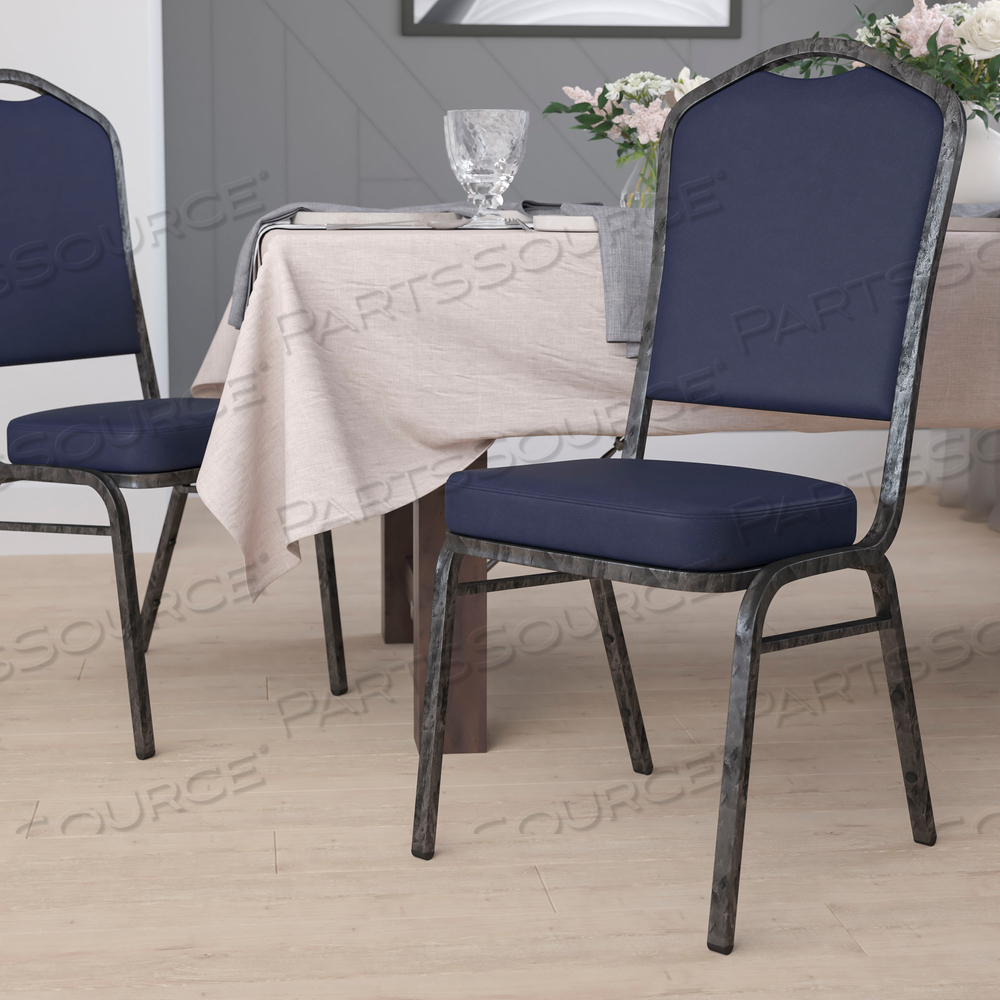 HERCULES SERIES CROWN BACK STACKING BANQUET CHAIR IN NAVY VINYL - SILVER VEIN FRAME by Flash Furniture