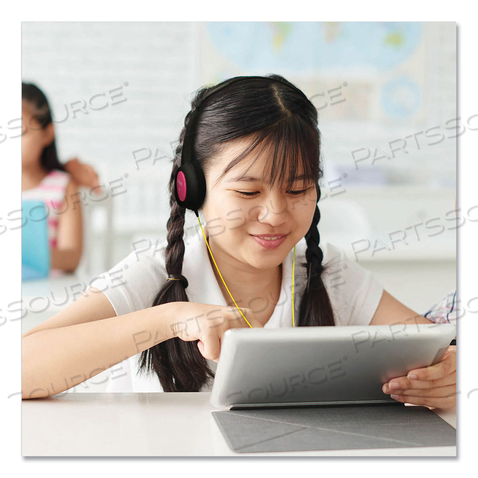 KIDS SAFE HEADPHONES WITH INLINE MICROPHONE, 4 FT CORD, BLACK WITH INTERCHANGEABLE PINK/BLUE/SILVER CAPS by Maxell