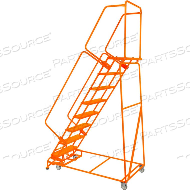 PERFORATED 16"W 7 STEP STEEL ROLLING LADDER 21"D TOP STEP W/ HANDRAILS - ORANGE by Ballymore PERFORATED 16"W 7 STEP STEEL ROLLING LADDER 21"D TOP STEP W/ HANDRAILS - ORANGE by Ballymore