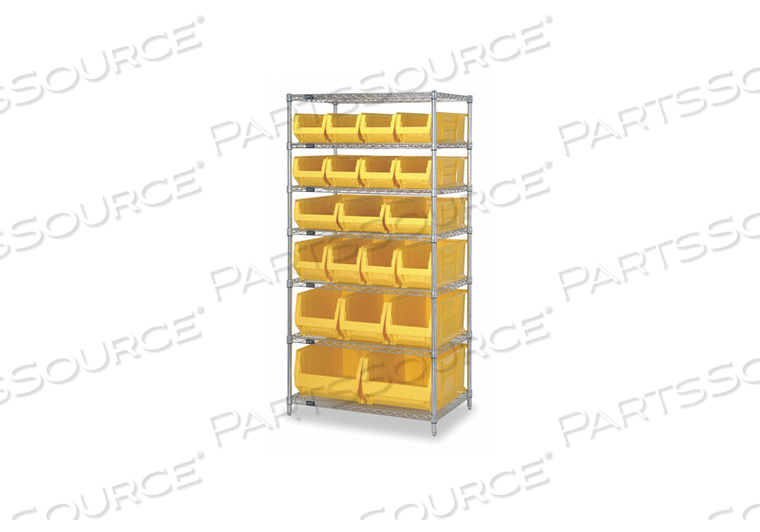 CHROME WIRE SHELVING WITH 20 24"D BINS YELLOW, 36X24X74 by Quantum Storage Systems CHROME WIRE SHELVING WITH 20 24"D BINS YELLOW, 36X24X74 by Quantum Storage Systems